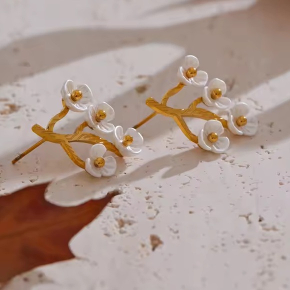 Delicate Cherry Blossom Gold Statement Earrings - Picture 10 of 17